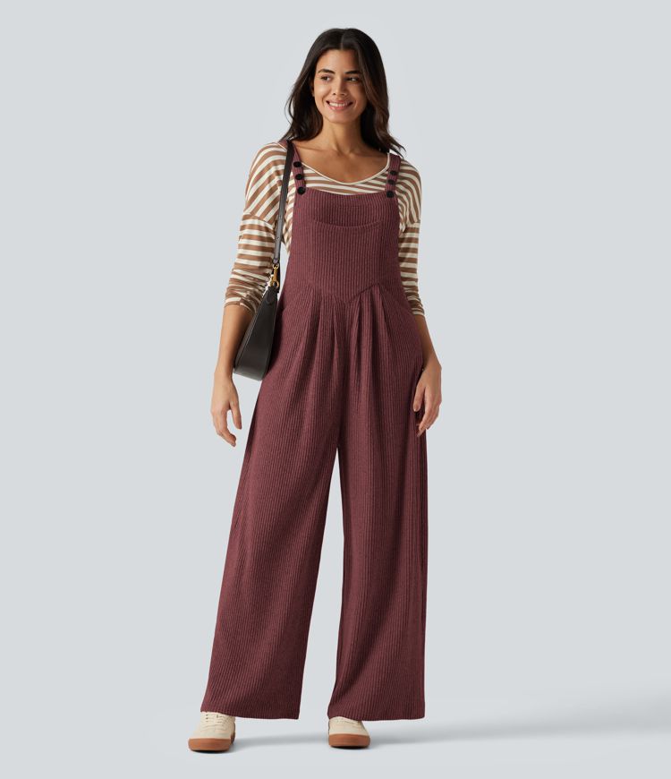 Ribbed Knit Casual Overalls with Pockets