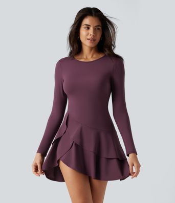 SoftlyZero™ Airy Round Neck Long Sleeve Layered Ruffle Hem InstantCool Mini Casual Dress SoftlyZero™ Airy Round Neck Long Sleeve Layered Ruffle Hem InstantCool Mini Casual Dress