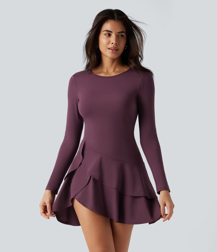SoftlyZero™ Airy Round Neck Long Sleeve Layered Ruffle Hem InstantCool Mini Casual Dress SoftlyZero™ Airy Round Neck Long Sleeve Layered Ruffle Hem InstantCool Mini Casual Dress