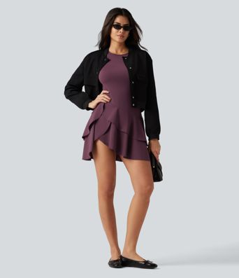 SoftlyZero™ Airy Round Neck Long Sleeve Layered Ruffle Hem InstantCool Mini Casual Dress SoftlyZero™ Airy Round Neck Long Sleeve Layered Ruffle Hem InstantCool Mini Casual Dress