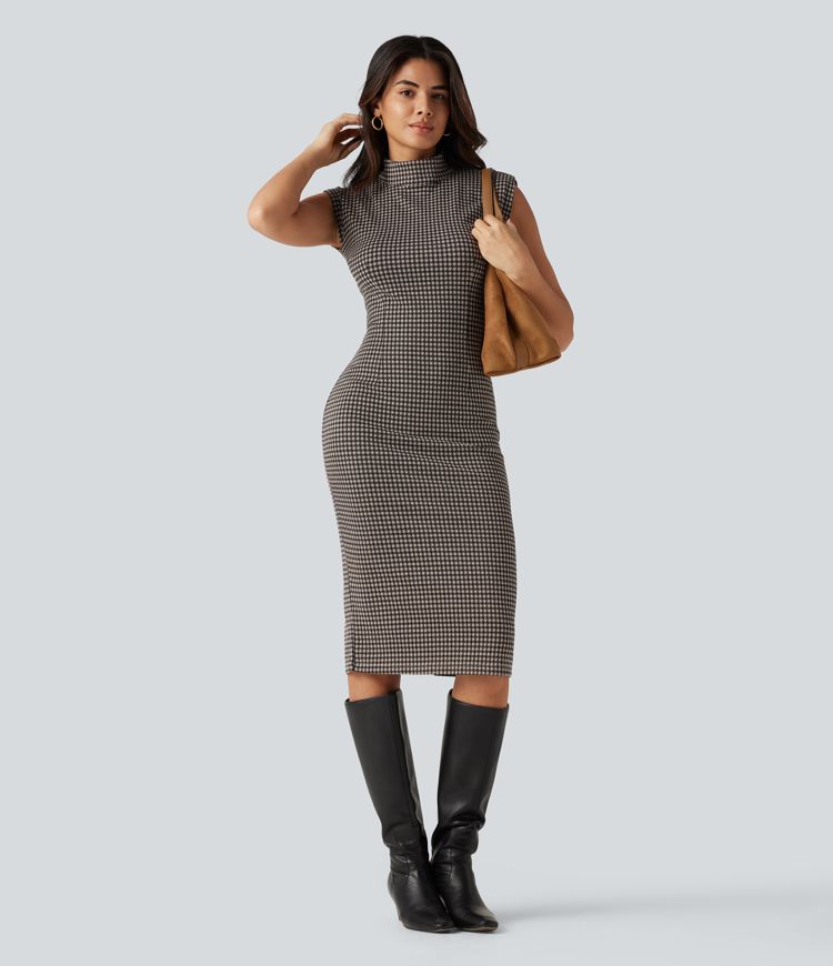High Neck Sleeveless Bodycon Patterned Midi Work Dress High Neck Sleeveless Bodycon Patterned Midi Work Dress