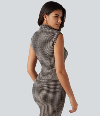 High Neck Sleeveless Bodycon Patterned Midi Work Dress High Neck Sleeveless Bodycon Patterned Midi Work Dress