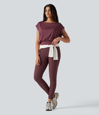 Boat Neck Ruched Short Sleeve Yoga Sports Top