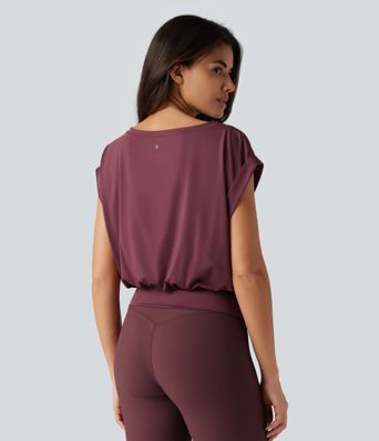 Boat Neck Ruched Short Sleeve Yoga Sports Top