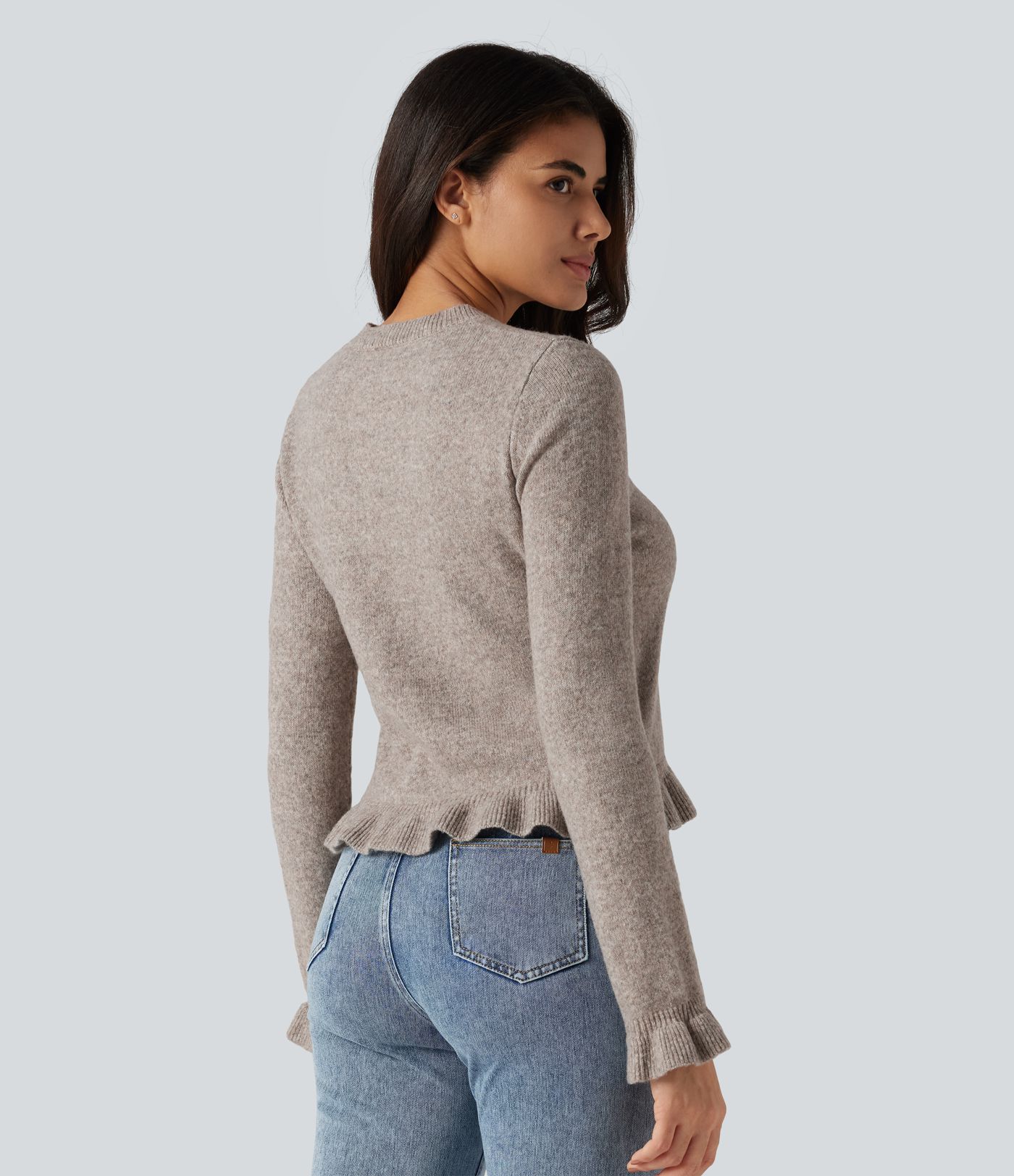 Round Neck Ruffle Long Sleeve Work Wool-Blend Cardigan Round Neck Ruffle Long Sleeve Work Wool-Blend Cardigan