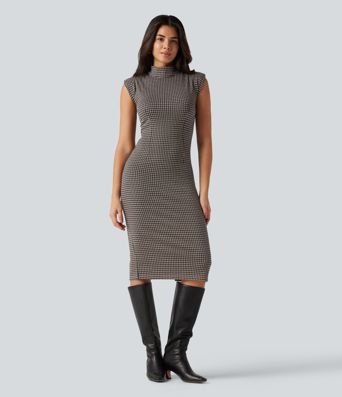 High Neck Sleeveless Bodycon Patterned Midi Work Dress High Neck Sleeveless Bodycon Patterned Midi Work Dress