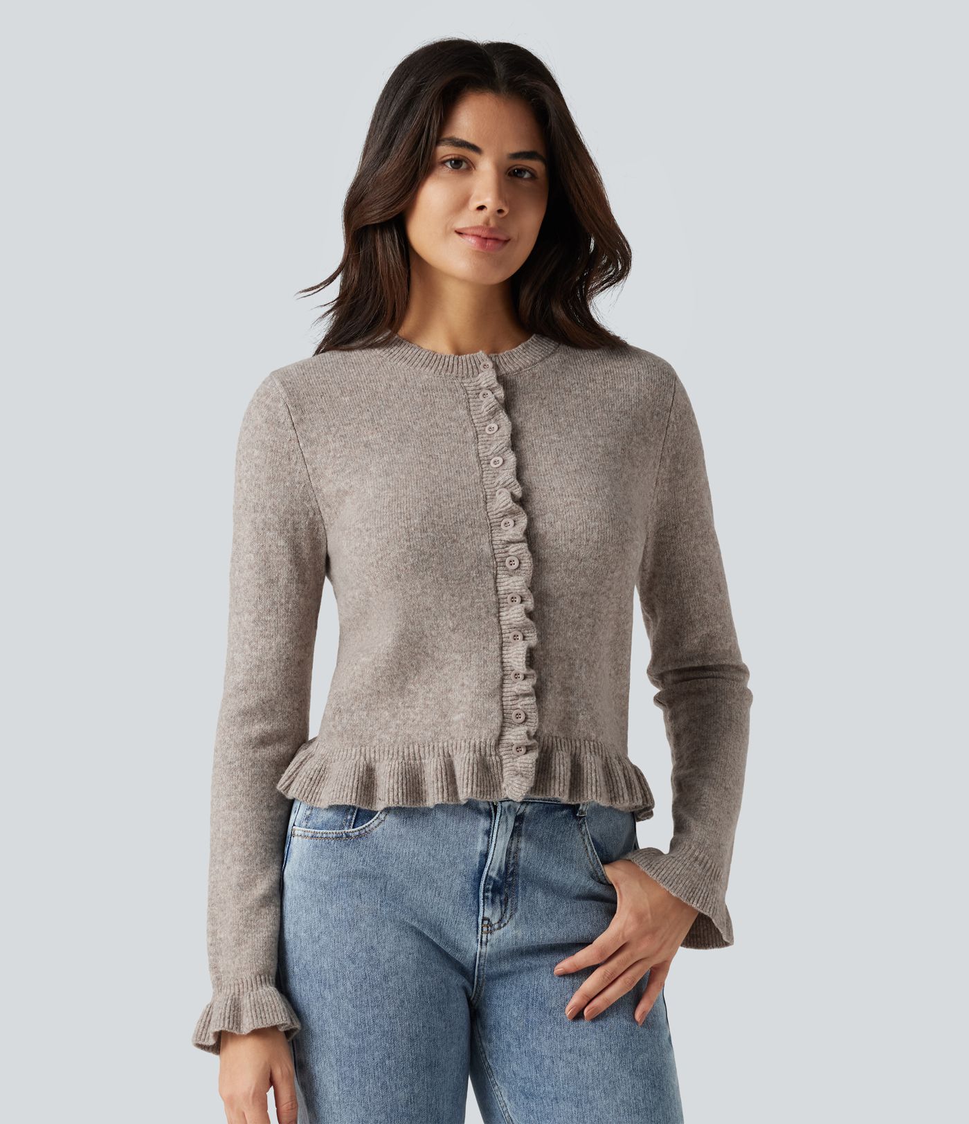 Round Neck Ruffle Long Sleeve Work Wool-Blend Cardigan Round Neck Ruffle Long Sleeve Work Wool-Blend Cardigan