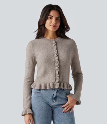 Round Neck Ruffle Long Sleeve Work Wool-Blend Cardigan Round Neck Ruffle Long Sleeve Work Wool-Blend Cardigan