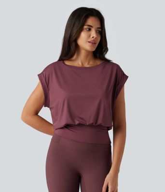 Boat Neck Ruched Short Sleeve Yoga Sports Top