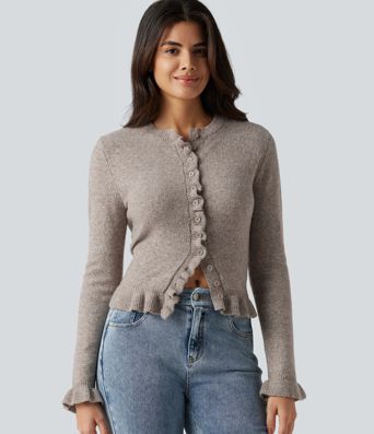 Round Neck Ruffle Long Sleeve Work Wool-Blend Cardigan Round Neck Ruffle Long Sleeve Work Wool-Blend Cardigan