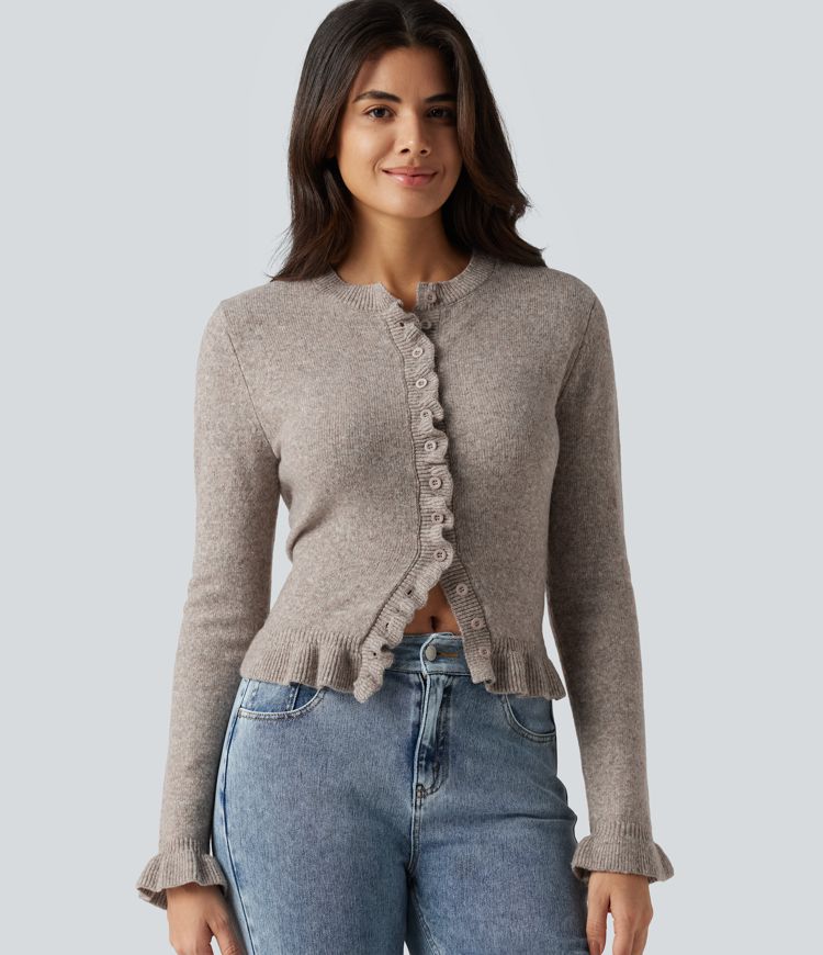 Round Neck Ruffle Long Sleeve Work Wool-Blend Cardigan Round Neck Ruffle Long Sleeve Work Wool-Blend Cardigan