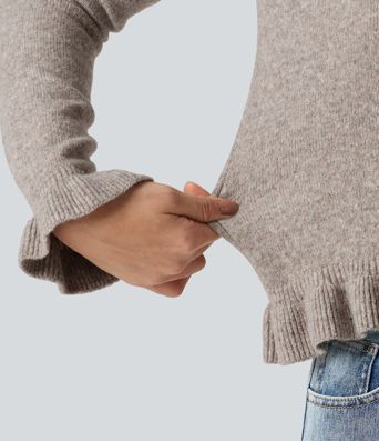 Round Neck Ruffle Long Sleeve Work Wool-Blend Cardigan Round Neck Ruffle Long Sleeve Work Wool-Blend Cardigan
