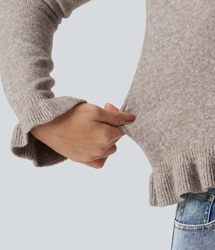 Round Neck Ruffle Long Sleeve Work Wool-Blend Cardigan Round Neck Ruffle Long Sleeve Work Wool-Blend Cardigan