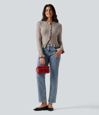 Round Neck Ruffle Long Sleeve Work Wool-Blend Cardigan Round Neck Ruffle Long Sleeve Work Wool-Blend Cardigan