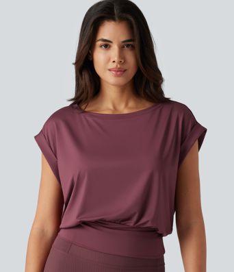 Boat Neck Ruched Short Sleeve Yoga Sports Top