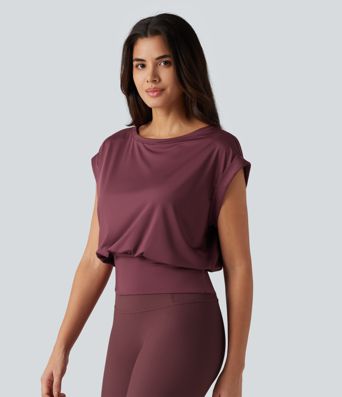 Boat Neck Ruched Short Sleeve Yoga Sports Top