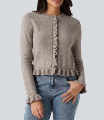 Round Neck Ruffle Long Sleeve Work Wool-Blend Cardigan Round Neck Ruffle Long Sleeve Work Wool-Blend Cardigan