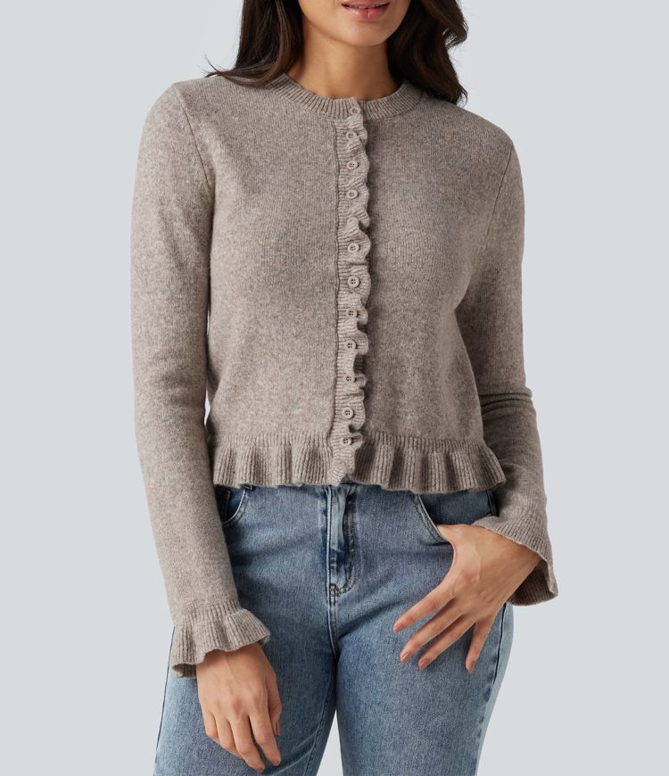 Round Neck Ruffle Long Sleeve Work Wool-Blend Cardigan Round Neck Ruffle Long Sleeve Work Wool-Blend Cardigan
