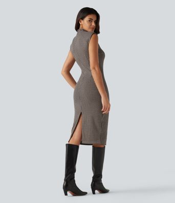 High Neck Sleeveless Bodycon Patterned Midi Work Dress High Neck Sleeveless Bodycon Patterned Midi Work Dress