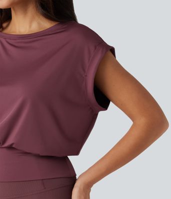 Boat Neck Ruched Short Sleeve Yoga Sports Top