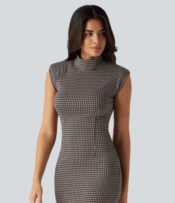 High Neck Sleeveless Bodycon Patterned Midi Work Dress High Neck Sleeveless Bodycon Patterned Midi Work Dress