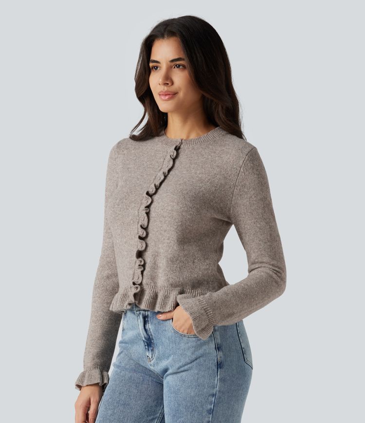 Round Neck Ruffle Long Sleeve Work Wool-Blend Cardigan Round Neck Ruffle Long Sleeve Work Wool-Blend Cardigan
