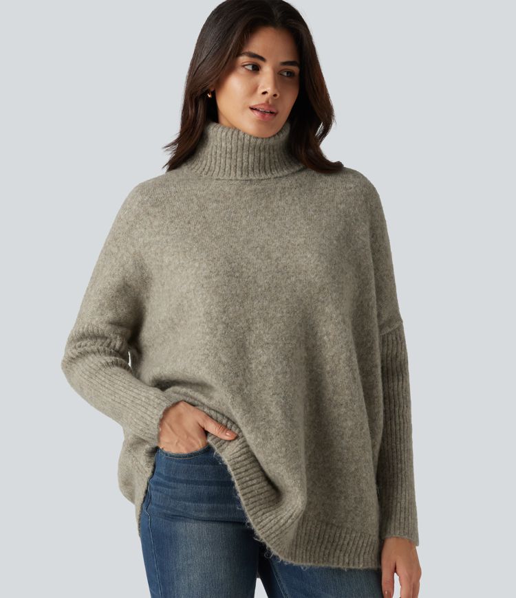 Khaki Floral Yarn Lässiger, oversized Pullover mit hohem Kragen und langen Ärmeln / 1
