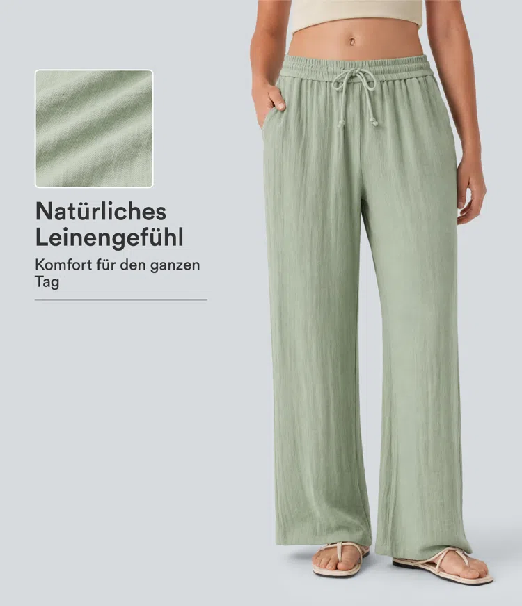 Lässige Baggy-Hose in Leinenoptik mit niedrigem Bund, Seitentaschen und Kordelzug