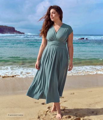 Breezeful™ V-Ausschnitt kurzärmeliges Midi-Kleid mit Tasche und Bindeband am Rücken, schnelltrocknend, leger, in Übergrößen Breezeful™ V-Ausschnitt kurzärmeliges Midi-Kleid mit Tasche und Bindeband am Rücken, schnelltrocknend, leger, in Übergrößen