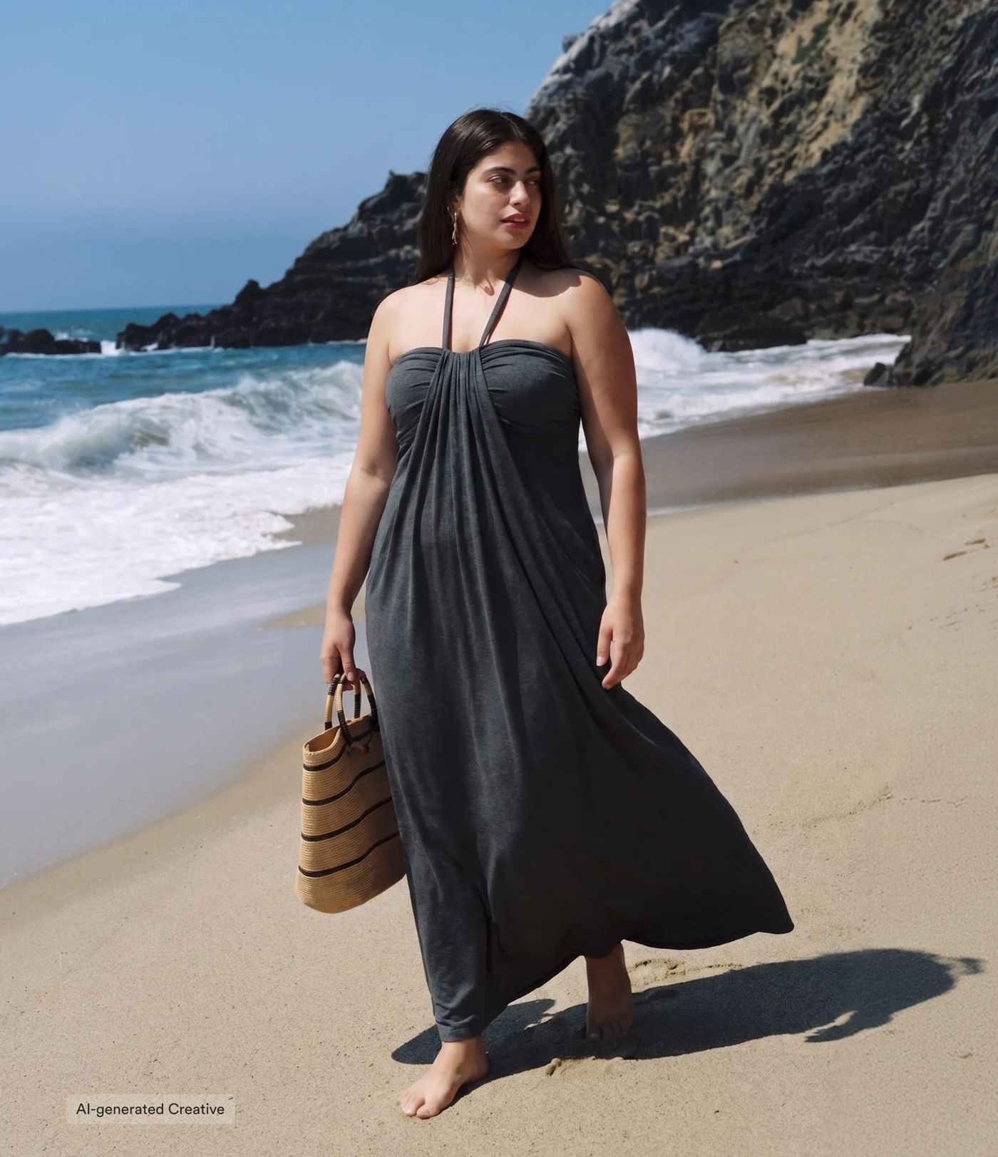 Plus Size Halter Tie Back Built-in Bra Maxi Dress with Pockets Plus Size Halter Tie Back Built-in Bra Maxi Dress with Pockets