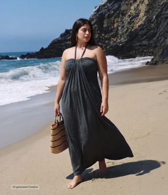 Plus Size Halter Tie Back Built-in Bra Maxi Dress with Pockets Plus Size Halter Tie Back Built-in Bra Maxi Dress with Pockets