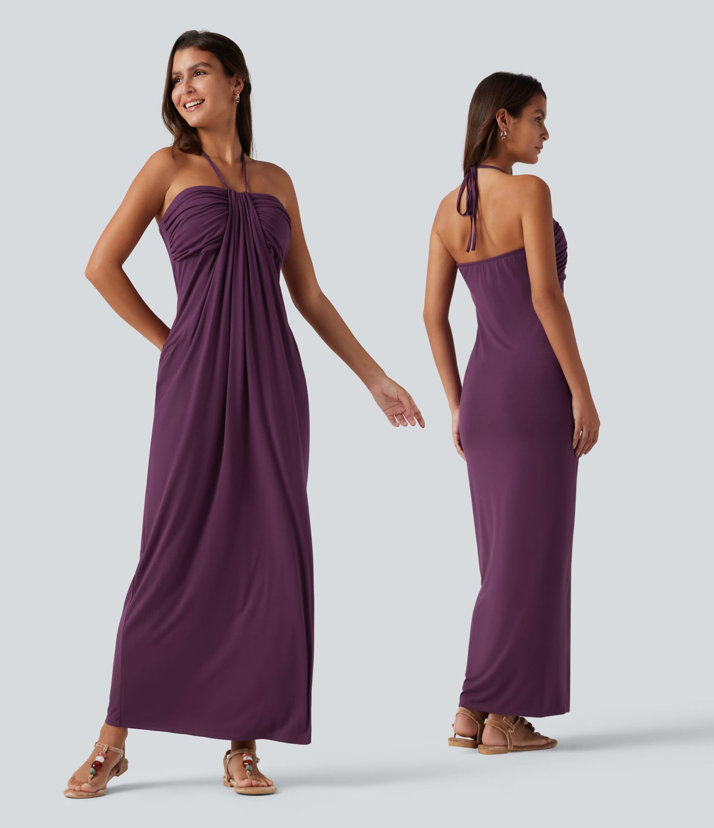 Halter Tie Back Built-in Bra Maxi Dress with Pockets DD-F Cups Halter Tie Back Built-in Bra Maxi Dress with Pockets DD-F Cups