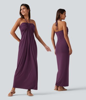 Halter Tie Back Built-in Bra Maxi Dress with Pockets DD-F Cups Halter Tie Back Built-in Bra Maxi Dress with Pockets DD-F Cups