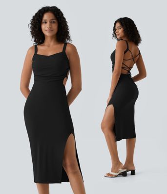 Ruched Lace Up Bodycon Midi Casual Dress Ruched Lace Up Bodycon Midi Casual Dress