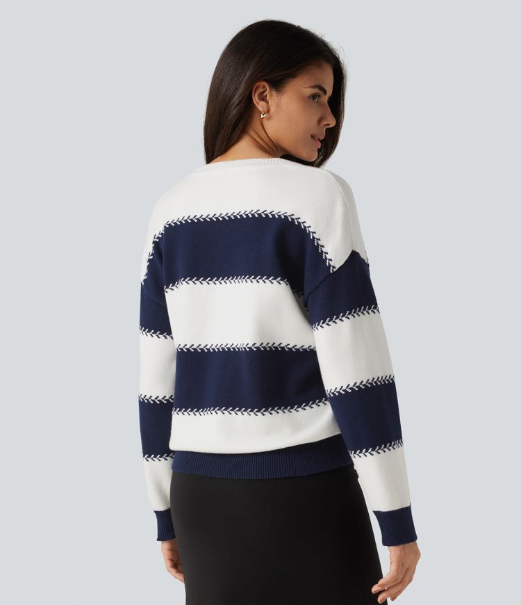 Varsity Blue Round Neck Long Sleeve Stripe Casual Sweater / 2