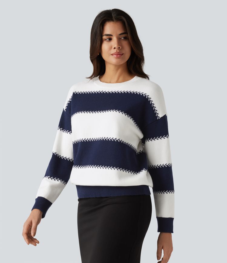Varsity Blue Round Neck Long Sleeve Stripe Casual Sweater / 1