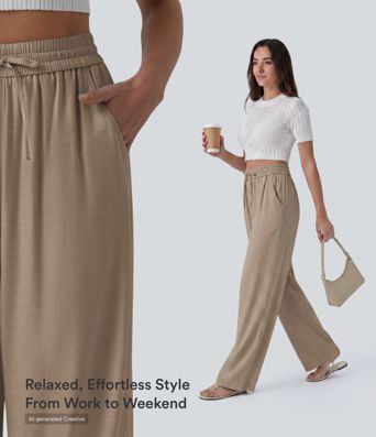 High Waisted Drawstring Wide Leg Casual Linen-Blend Pants with Pockets High Waisted Drawstring Wide Leg Casual Linen-Blend Pants with Pockets