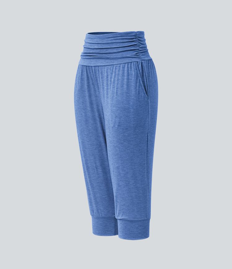 High Waisted Ruched Heathered Yoga Pedal Pushers Joggers with Pockets High Waisted Ruched Heathered Yoga Pedal Pushers Joggers with Pockets