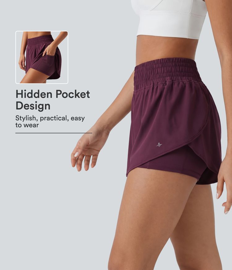 Breezeful™ High-Waisted 2-in-1 Laufshorts mit hohem Bund, Crossover-Überlappung und geschwungenem Saum, schnelltrocknend, 3'' mit Taschen Breezeful™ High-Waisted 2-in-1 Laufshorts mit hohem Bund, Crossover-Überlappung und geschwungenem Saum, schnelltrocknend, 3'' mit Taschen