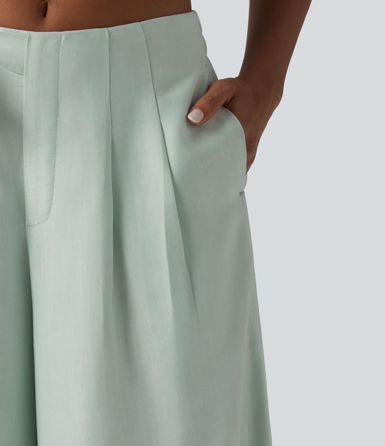 High Waisted Tie Side Baggy Linen-Blend Pants with Pockets High Waisted Tie Side Baggy Linen-Blend Pants with Pockets
