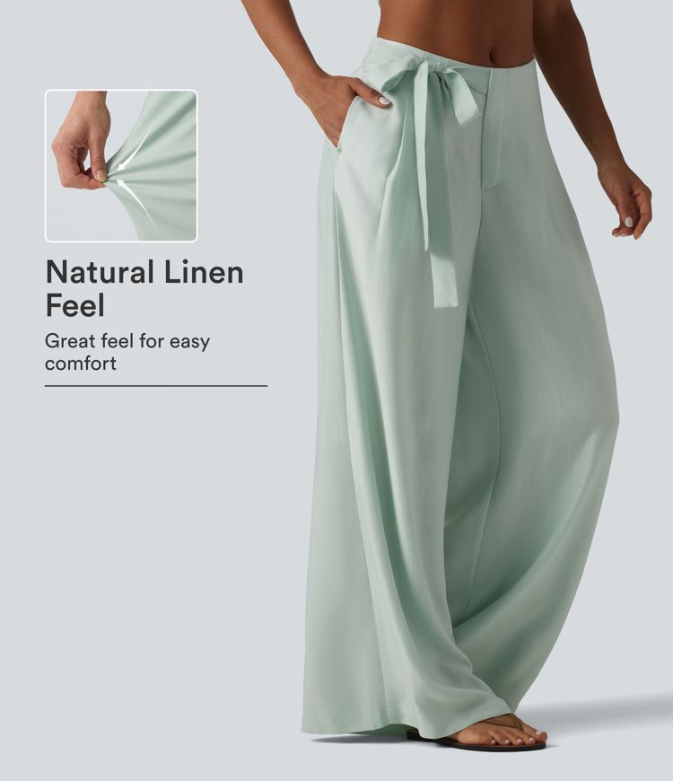High Waisted Tie Side Baggy Linen-Blend Pants with Pockets High Waisted Tie Side Baggy Linen-Blend Pants with Pockets