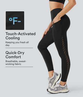Halara UltraSculpt™ Cool Quick Dry SoCinched leggings de yoga de cintura alta que moldean el abdomen, ventilados y perforados, con bolsillos - UPF50+