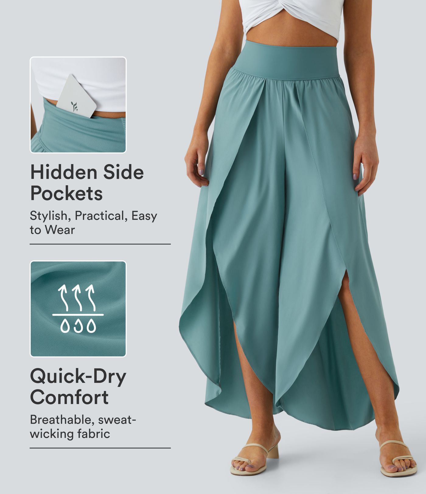 Breezeful™ Pantalon palazzo décontracté taille haute à jambe large et fluide, poche au niveau de la ceinture arrière, séchage rapide Breezeful™ Pantalon palazzo décontracté taille haute à jambe large et fluide, poche au niveau de la ceinture arrière, séchage rapide
