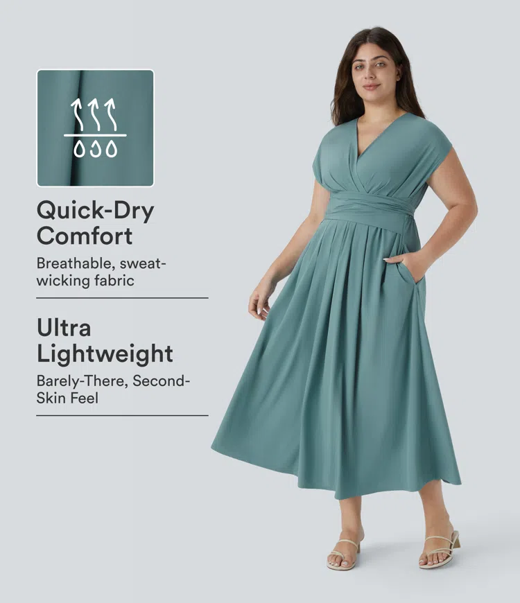 Breezeful™ V Neck Short Sleeve Pocket Tie Back Quick Dry Midi Casual Plus Size Dress