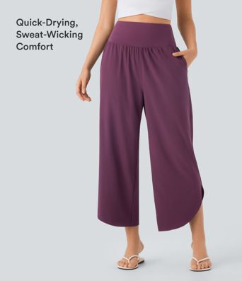 Breezeful™ pantalones estilo resort de talle alto con control de abdomen, abertura en el bajo, tejido de secado rápido y bolsillos Breezeful™ pantalones estilo resort de talle alto con control de abdomen, abertura en el bajo, tejido de secado rápido y bolsillos