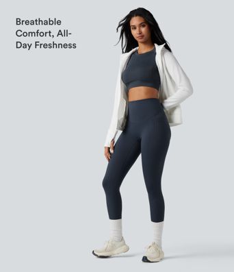 Halara Ultrasculpt™ Heat High Waisted Tummy Control Crossover Back Fleece Running Leggings with Pockets