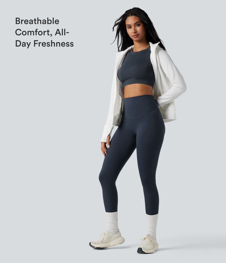 Halara Ultrasculpt™ Heat High Waisted Tummy Control Crossover Back Fleece Running Leggings with Pockets