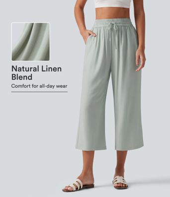 High Waisted Drawstring Wide Leg Cropped Casual Linen-Blend Pants with Pockets