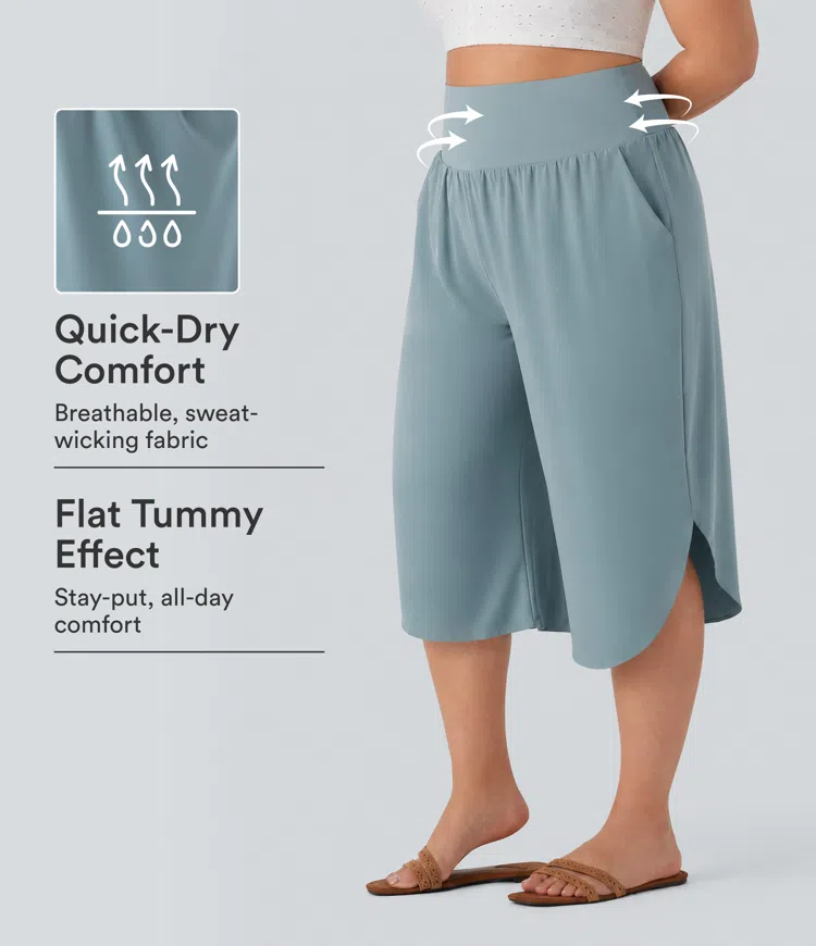 Breezeful™ High Waisted Tummy Control Curved Hem Quick Dry Resort Capri Plus Size Pants with Pockets
