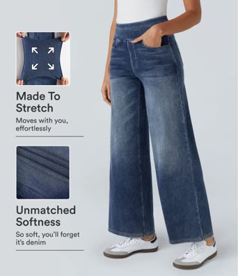 Halara Flex™ Baggy Jeans aus verwaschenem Stretch-Strick mit hohem Bund, mehreren Taschen und weitem Bein, Wide Leg Jeans Halara Flex™ Baggy Jeans aus verwaschenem Stretch-Strick mit hohem Bund, mehreren Taschen und weitem Bein, Wide Leg Jeans